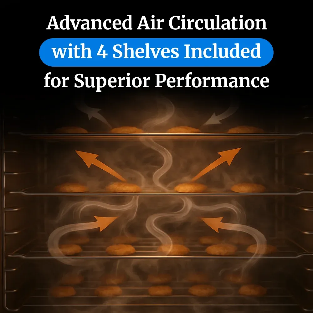 Cadco four-shelf half-size medium-duty convection oven, manual countertop stainless steel, compact adjustable durable catering kitchen.
