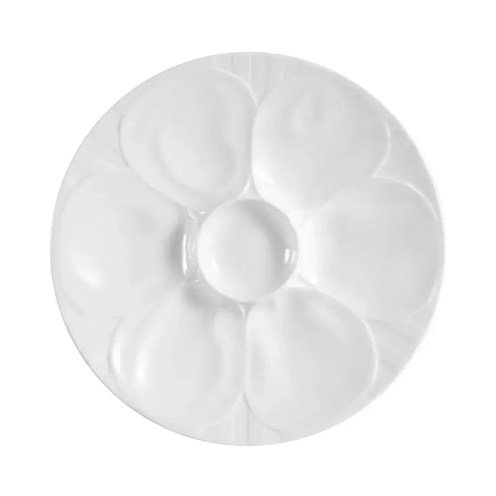 Round white Yanco China oyster plate, perfect for seafood, durable catering dish, wide rim, chip-resistant, stackable, coupe profile.