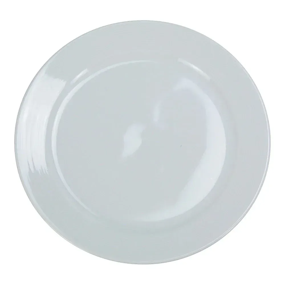 Compact white Yanco China plate for salads or appetizers, durable, stackable, catering use, chip-resistant coupe rim, dishwasher safe.