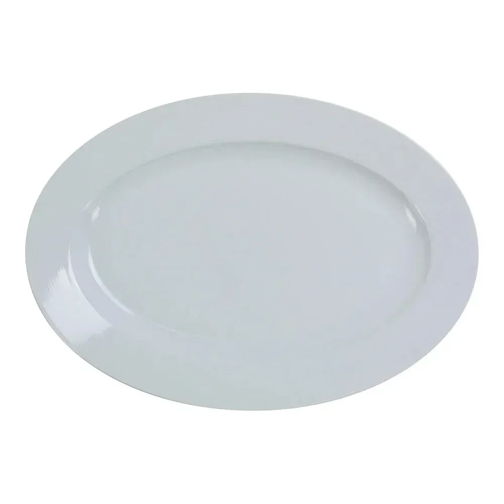 Elegant white Yanco China oval platter, perfect for roasts or sushi, durable, stackable, oven & dishwasher safe for buffet presentation.
