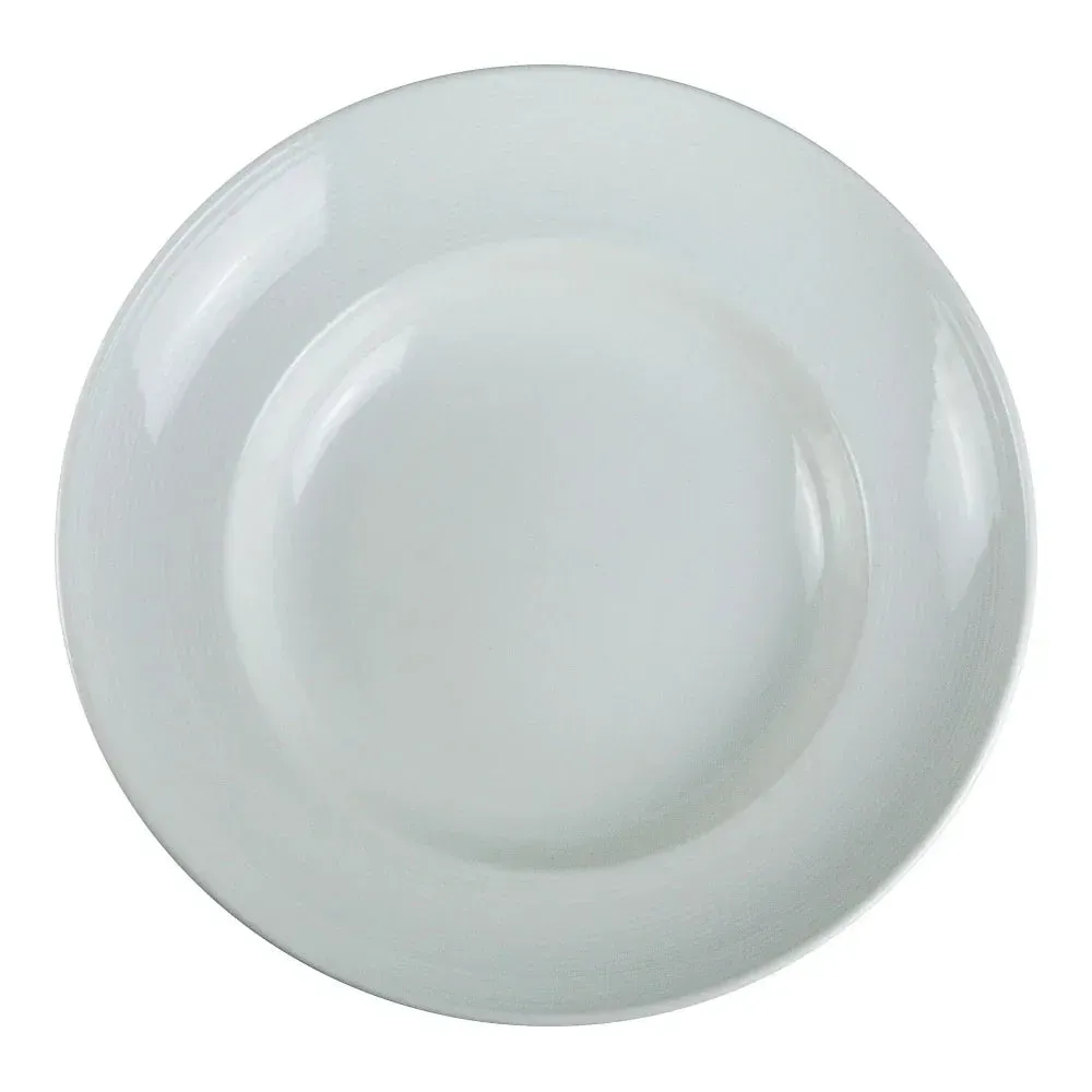 Classic white Yanco chinaware dessert plate with broad rim showcases cakes, pastries, or hors d'oeuvres for buffets, tea service, or refined dining.