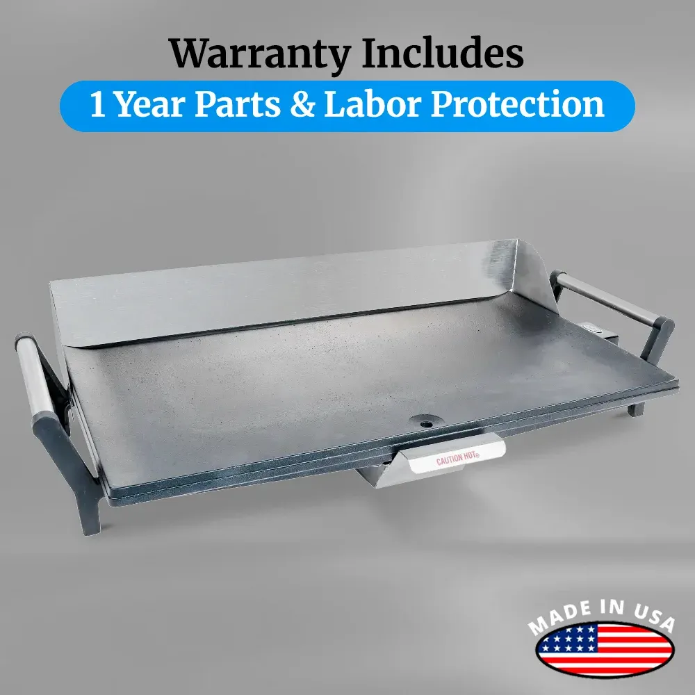 Cadco light-duty countertop electric griddle in stainless steel with compact build, adjustable thermostat, and easy-clean surface for kitchens.