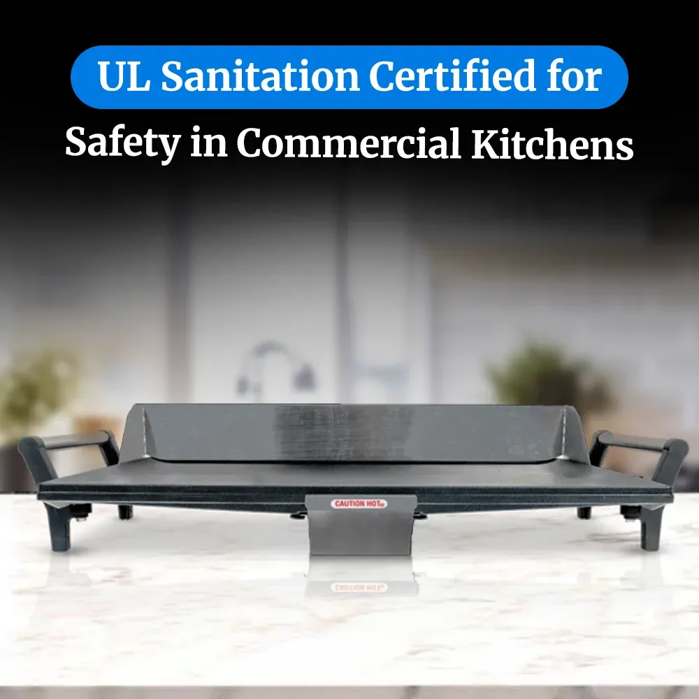 Cadco light-duty countertop electric griddle in stainless steel with compact build, adjustable thermostat, and easy-clean surface for kitchens.