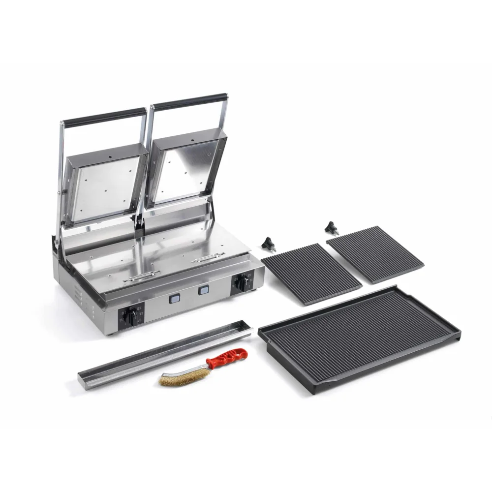 Eurodib PD-RR-PS Commercial Electric Panini Grill With Ribbed Top and Bottom Plates, 10 x 20" Cooking Surface, 3000W, 208-240V