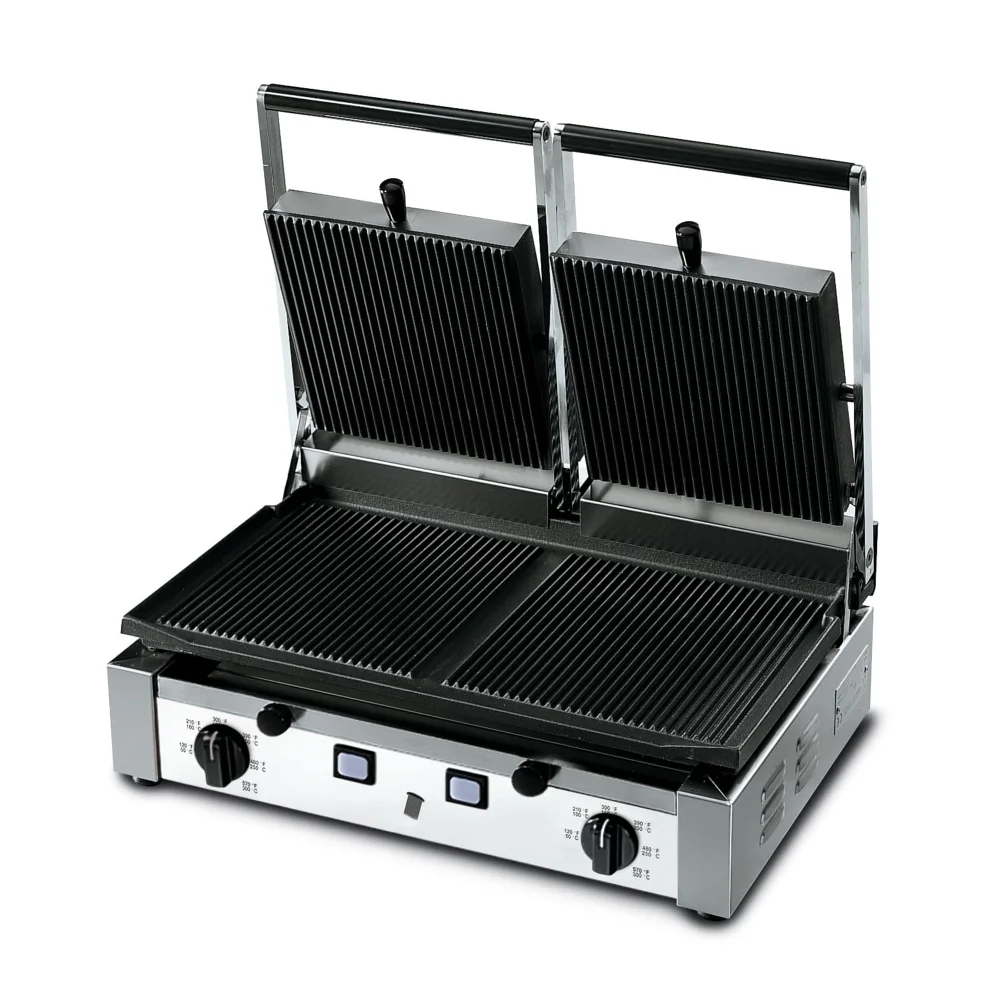 PrepMaster Series Commercial Electric Panini Grill With Ribbed On All Sides and Flat Left Bottom Plates, 10 x 20" Cooking Surface, 3000W, 208-240V