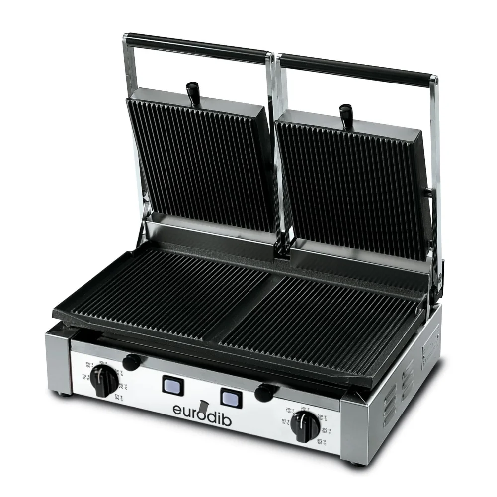 Eurodib PDM3000 Commercial Electric Panini Grill With Ribbed On All Sides and Flat Left Bottom Plates, 10 x 20" Cooking Surface, 3000W, 208-240V