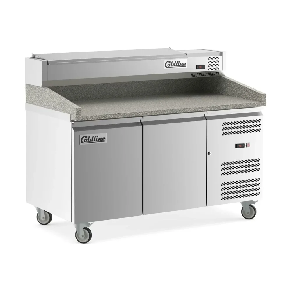 Coldline 60" Pizza Prep Dough Retarder Table with Marble Top & Refrigerated Stainless Steel Topping Rail, 2 Door, 6 Pans