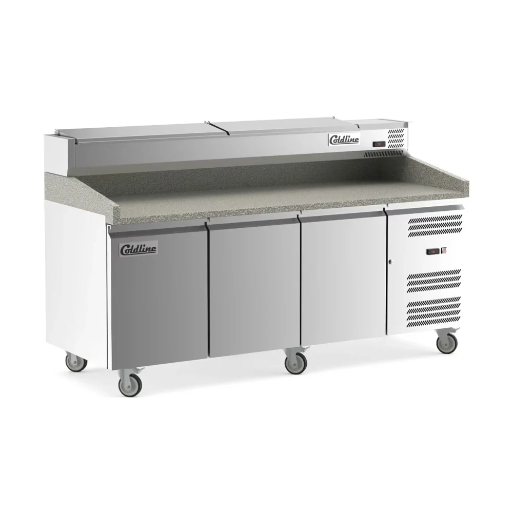 Coldline 80" Pizza Prep Dough Retarder Table with Marble Top & Refrigerated Stainless Steel Topping Rail, 3 Door, 9 Pans