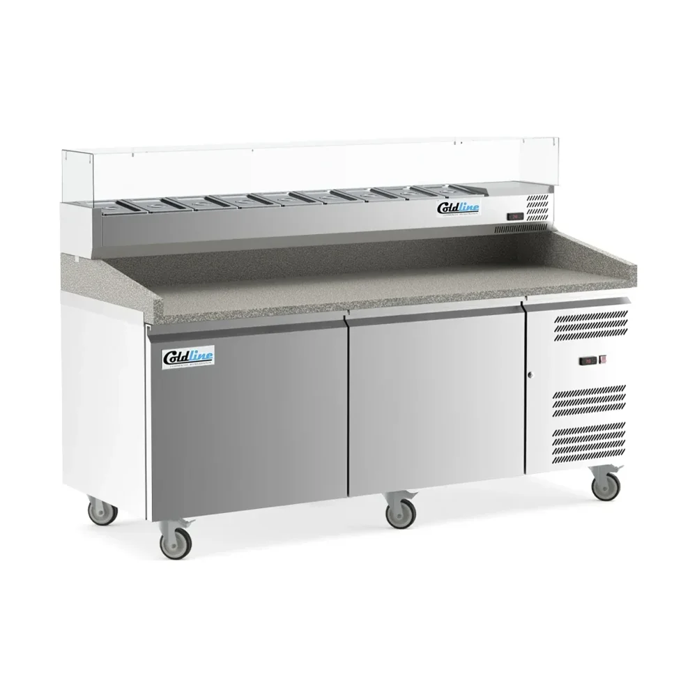 Coldline 80" Pizza Prep Dough Retarder Table with Marble Top & Refrigerated Glass Topping Rail, Stainless Steel, 9 Pans, 2 Door