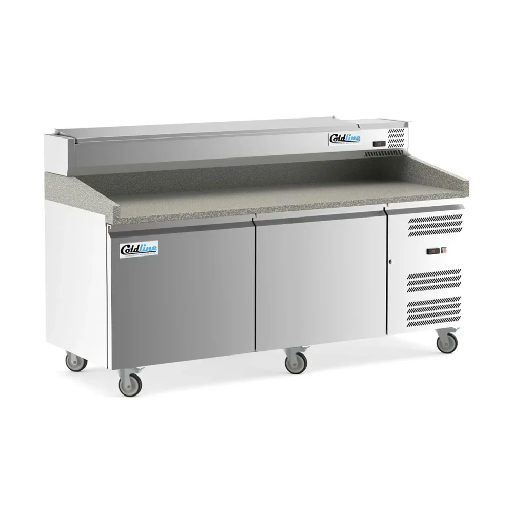 Coldline 80" Pizza Prep Dough Retarder Table with Marble Top & Refrigerated Stainless Steel Topping Rail, 2 Door, 9 Pans