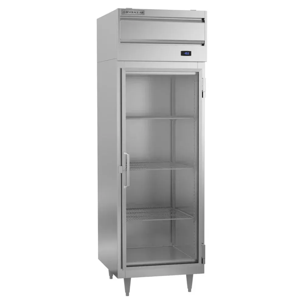 Beverage-Air one-section reach-in freezer with full glass door, bright interior, stainless steel, ideal for clear product visibility.