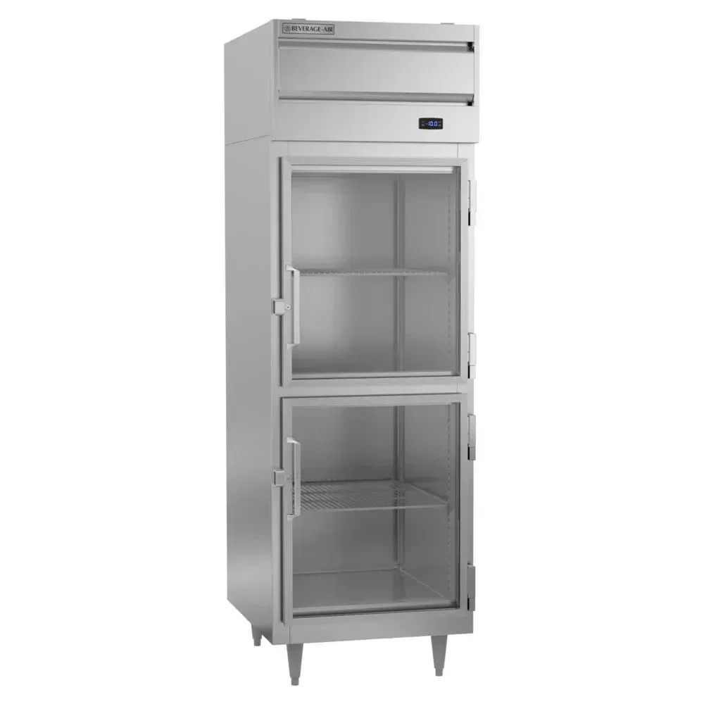 Beverage-Air single-section reach-in freezer with glass half-doors, stainless steel, compact design perfect for tight kitchen spaces.