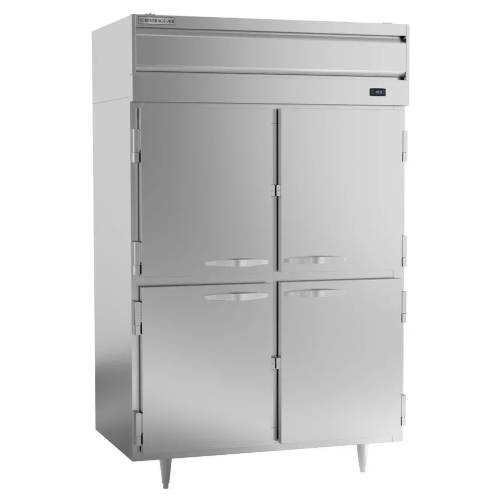 Beverage-Air double-section reach-in freezer with solid half-doors, stainless steel, energy-efficient design for organized cold storage.