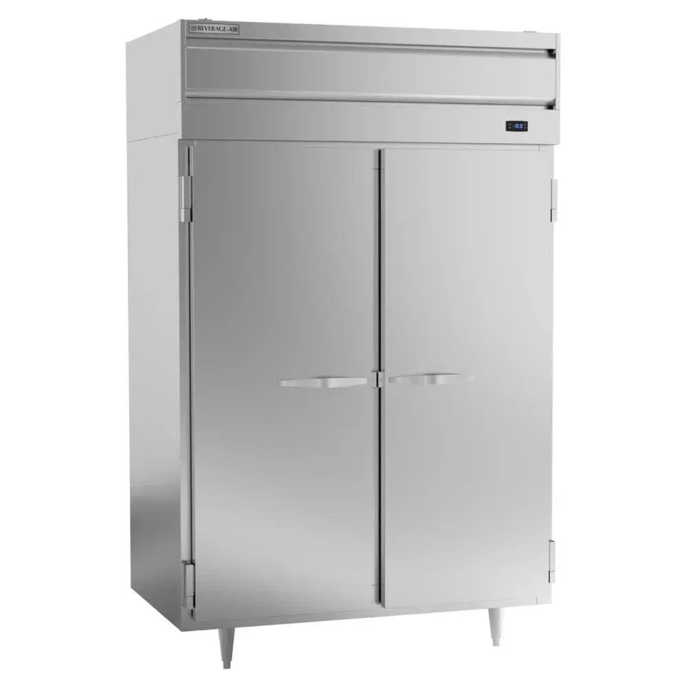 Beverage-Air two-section reach-in freezer with solid doors, heavy-duty stainless steel, top-mounted cooling ensures reliable storage.