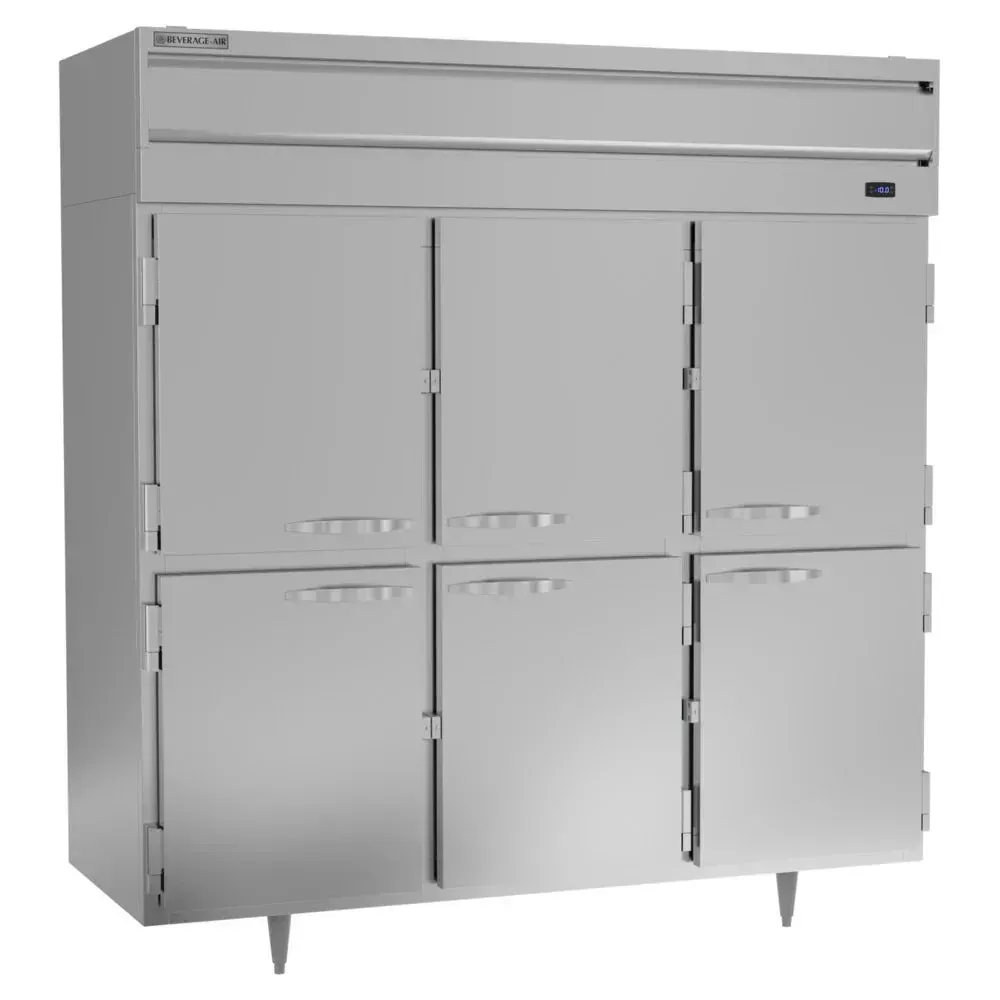 Beverage-Air triple-section half-door solid reach-in freezer, stainless steel, energy-efficient layout provides ample frozen storage.