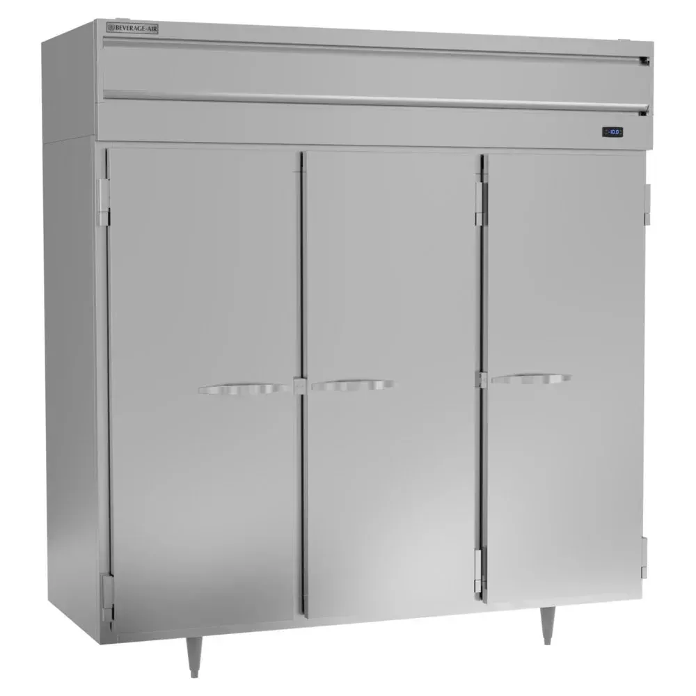 Beverage-Air triple-section solid door reach-in freezer with top-mounted cooling, stainless steel, large-capacity sub-zero storage.