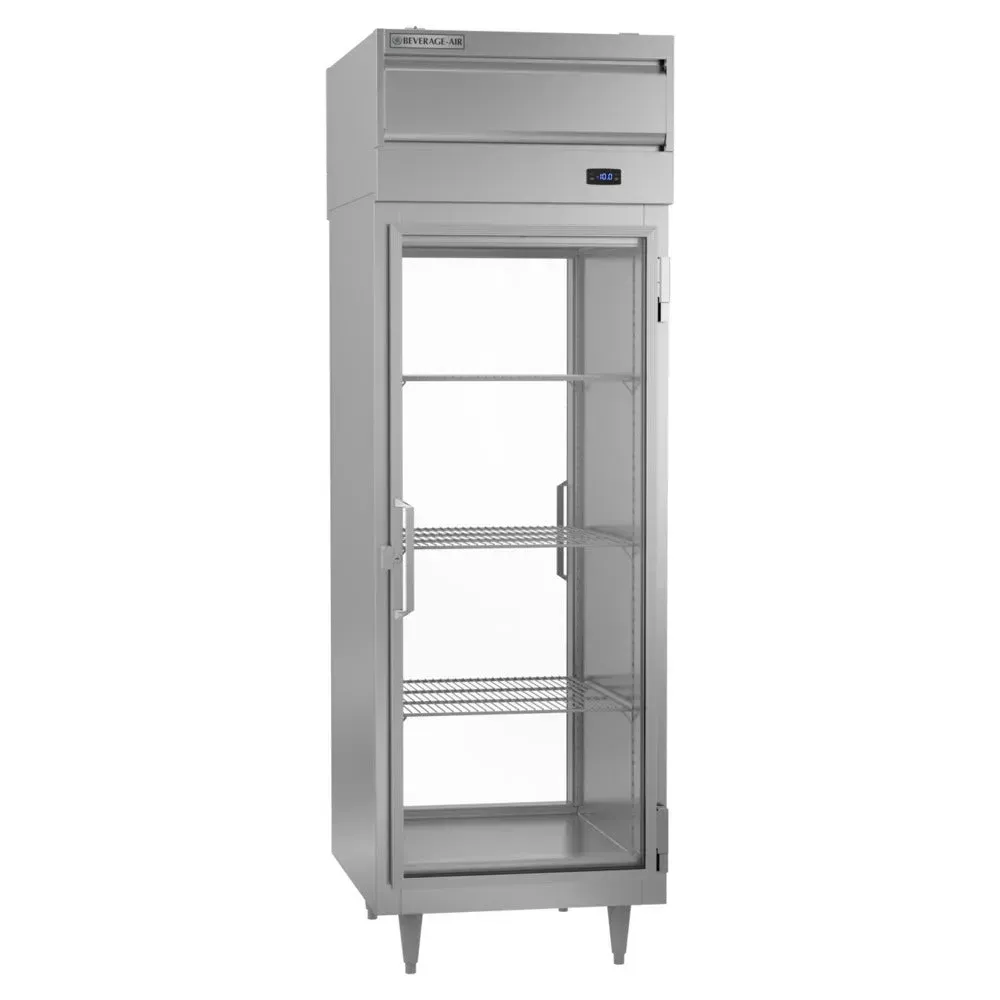Beverage-Air single-section glass door pass-through freezer with illuminated interior, stainless steel, perfect for cafes or bars.