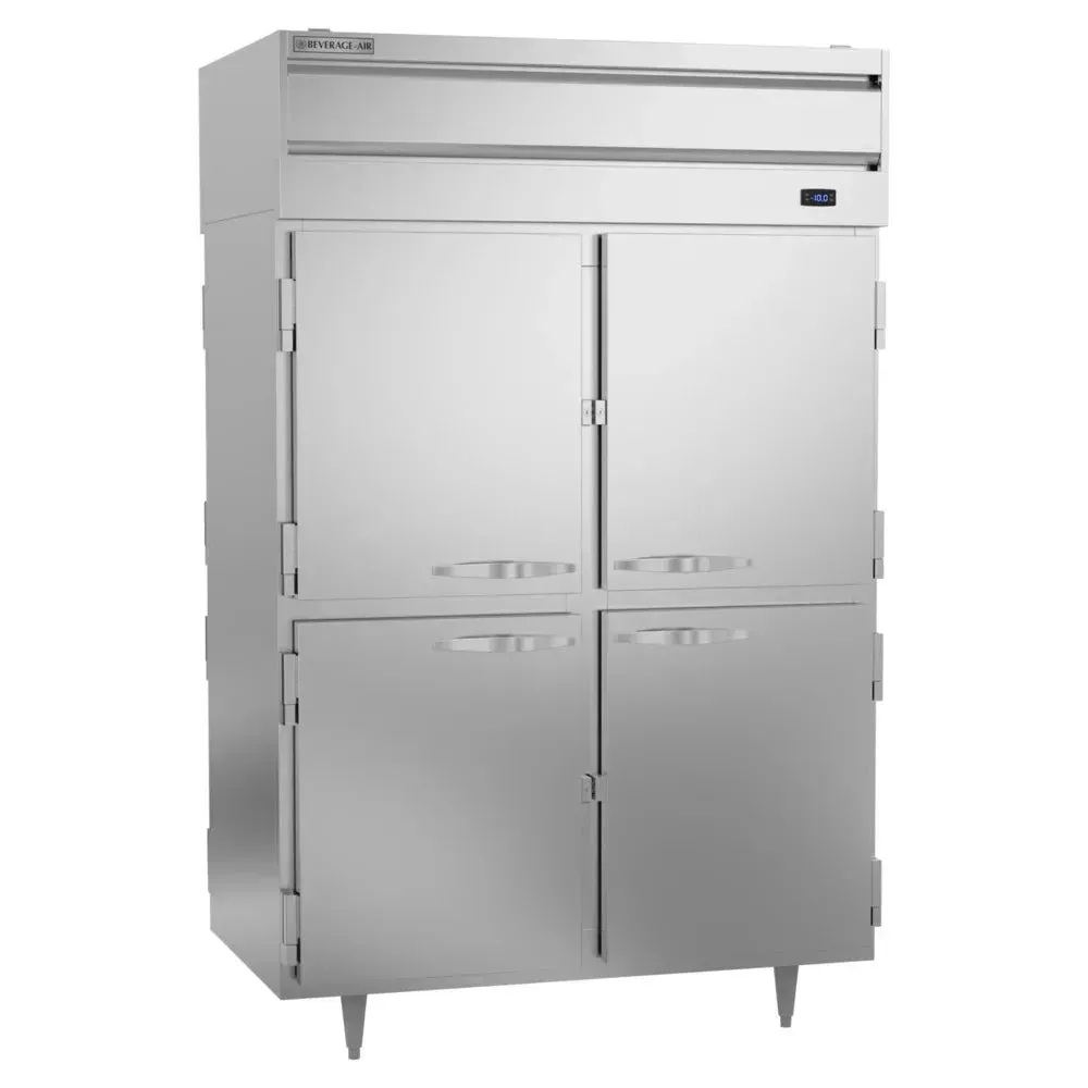 Beverage-Air pass-through half-door solid freezer, stainless steel, energy-efficient design, allows dual-side access for frozen items.