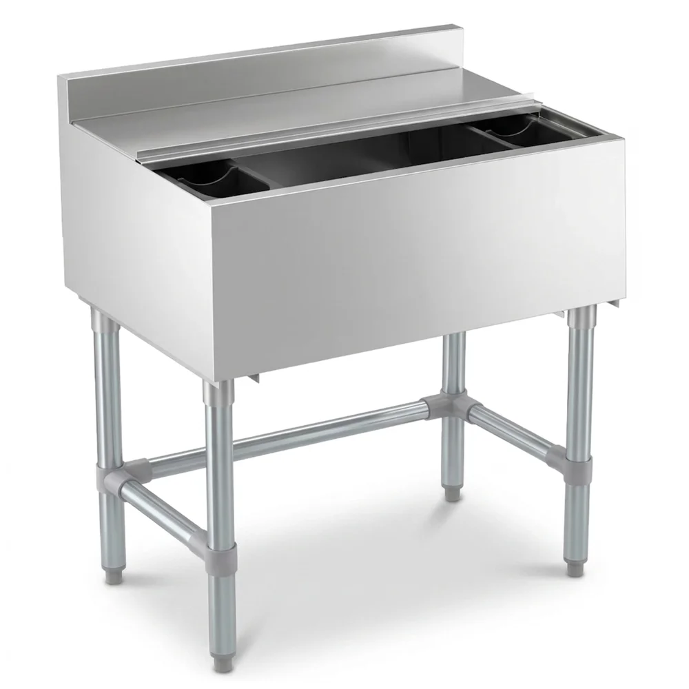 ProKitchen Series 18" x 36" Underbar Ice Bin with Bottle Holders and Sliding Lid, 112 lb., Stainless Steel 8" Bowl Depth