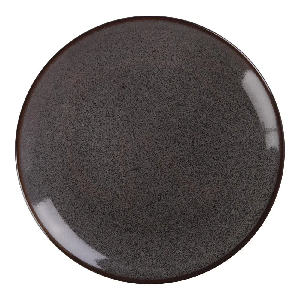 Large gray chinaware coupe plate by Yanco China with a reactive glaze finish, offering a rustic and artisanal look for upscale entrees.