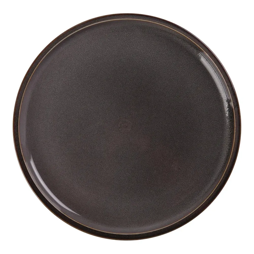 Gray round Yanco China chinaware plate with upright rim keeps sauces contained while elevating entrees, ideal for tasting menus or daily plated meals.