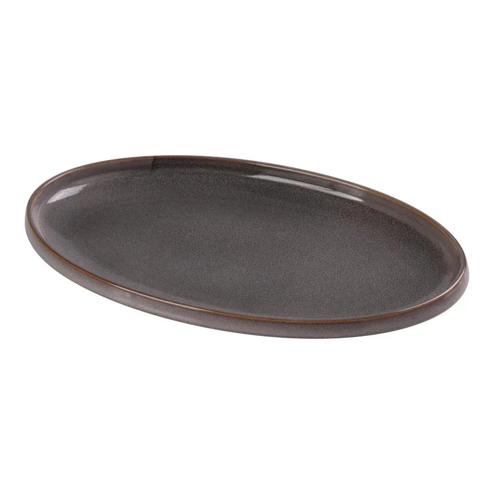 Large oval gray Yanco China chinaware plate with matte finish, creates a striking canvas for roasts, antipasti, or desserts at buffets or events.