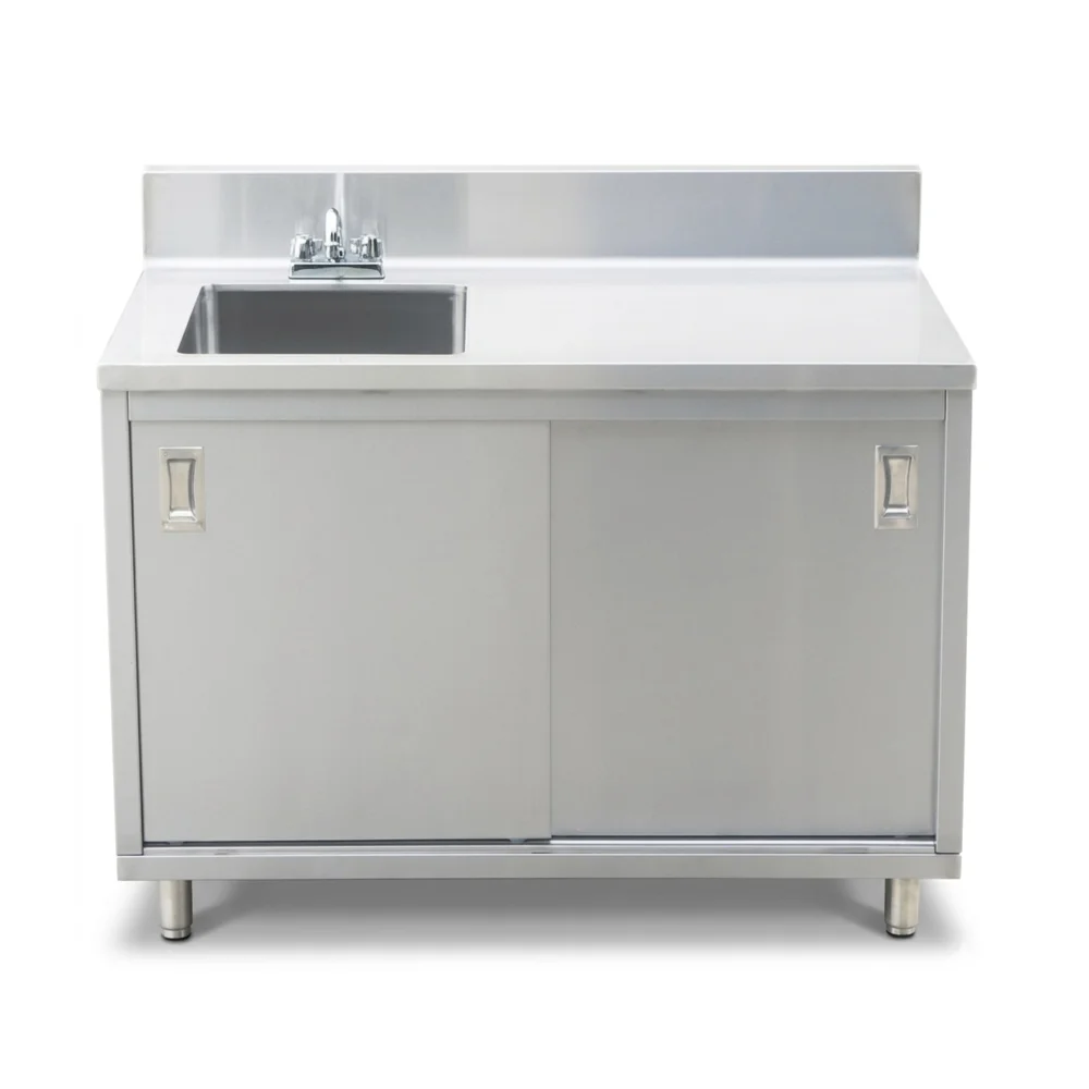 ProKitchen Series 24" x 48" Enclosed Base Work Table with Sink and Sliding Doors, 6" Backsplash, Stainless Steel
