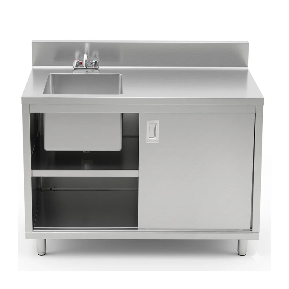 ProKitchen Series 24" x 48" Enclosed Base Work Table with Sink and Sliding Doors, 6" Backsplash, Stainless Steel