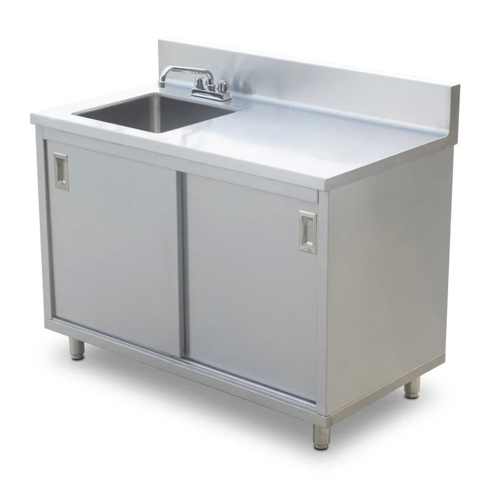 ProKitchen Series 24" x 48" Enclosed Base Work Table with Sink and Sliding Doors, 6" Backsplash, Stainless Steel