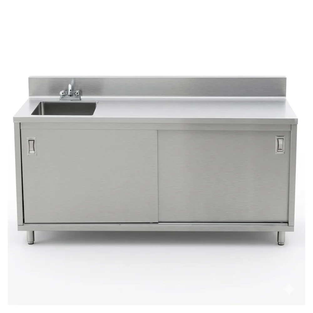 ProKitchen Series 24" x 72" Enclosed Base Work Table with Sink and Sliding Doors, 6" Backsplash, Stainless Steel