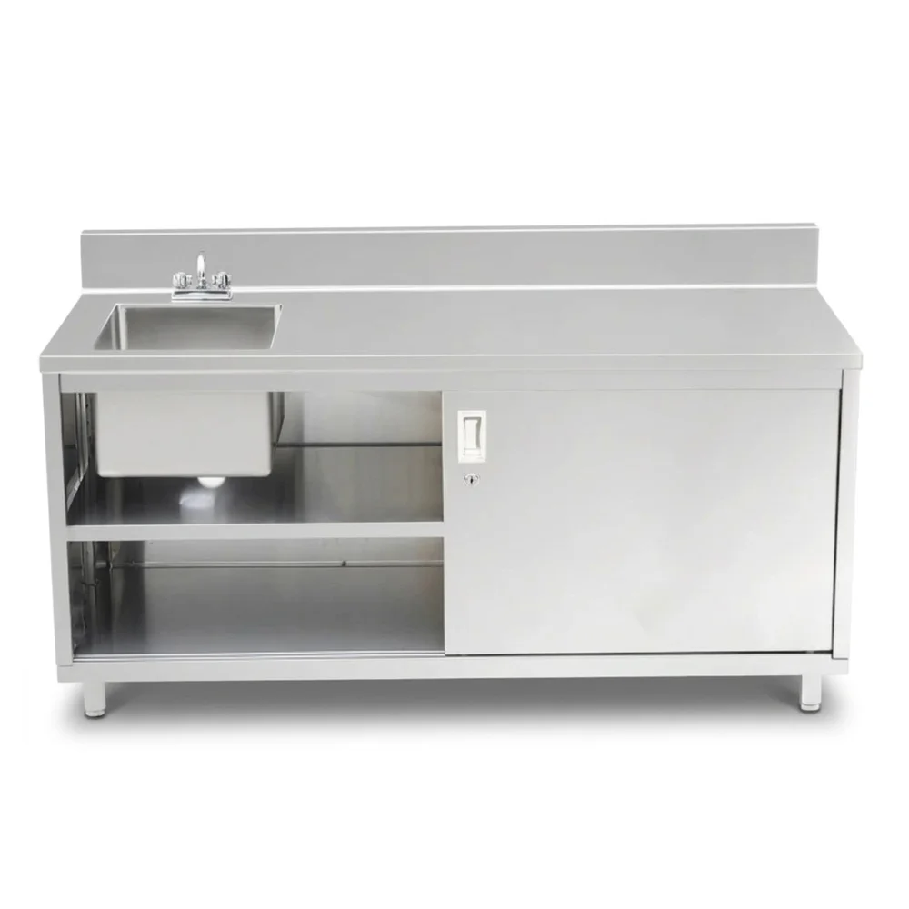 ProKitchen Series 24" x 72" Enclosed Base Work Table with Sink and Sliding Doors, 6" Backsplash, Stainless Steel
