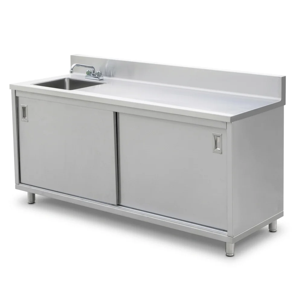 ProKitchen Series 24" x 72" Enclosed Base Work Table with Sink and Sliding Doors, 6" Backsplash, Stainless Steel