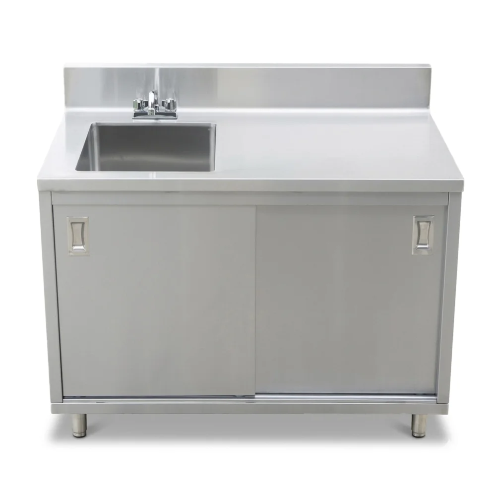 ProKitchen Series 30" x 48" Enclosed Base Work Table with Sink and Sliding Doors, 6" Backsplash, Stainless Steel