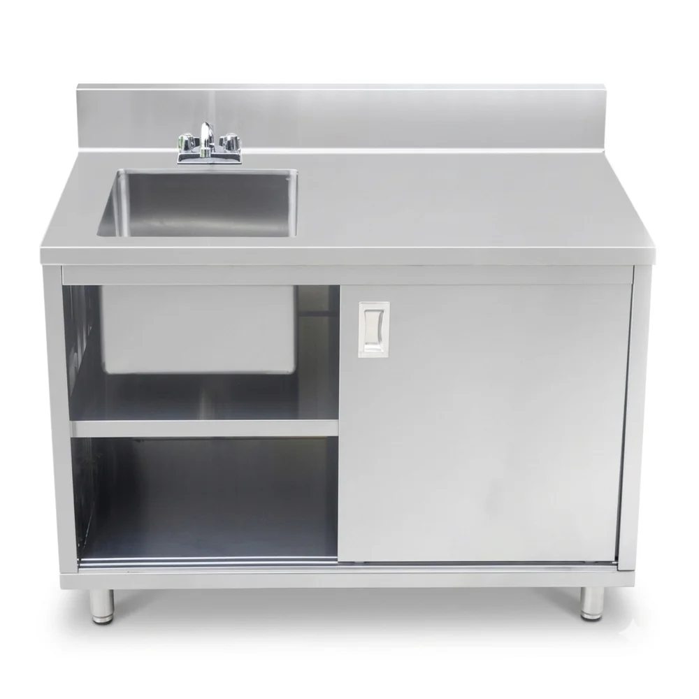 ProKitchen Series 30" x 48" Enclosed Base Work Table with Sink and Sliding Doors, 6" Backsplash, Stainless Steel