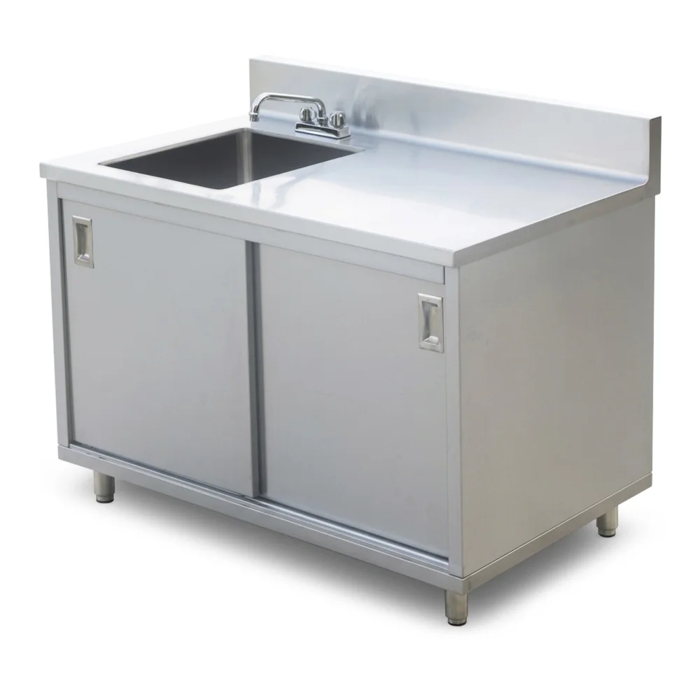 ProKitchen Series 30" x 48" Enclosed Base Work Table with Sink and Sliding Doors, 6" Backsplash, Stainless Steel