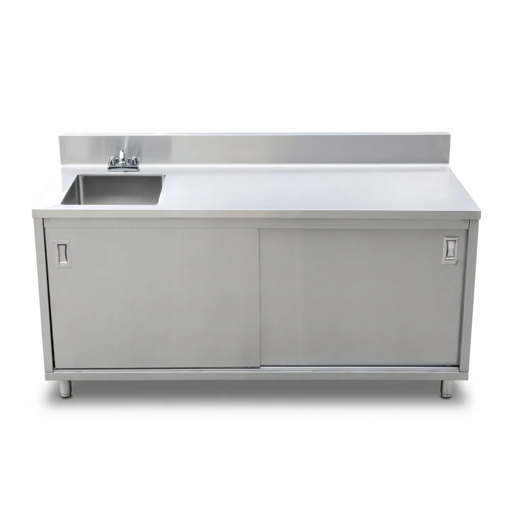ProKitchen Series 30" x 72" Enclosed Base Work Table with Sink and Sliding Doors, 6" Backsplash, Stainless Steel