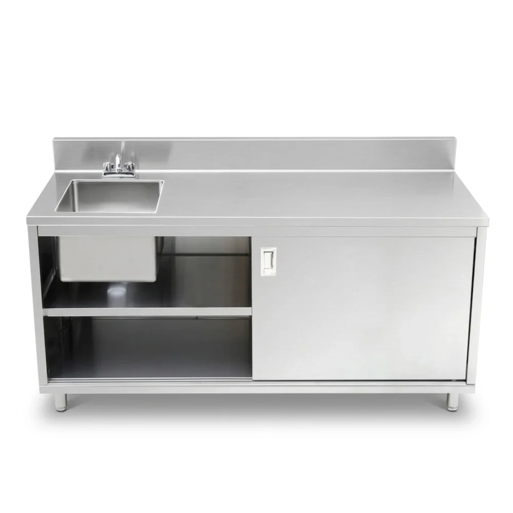 ProKitchen Series 30" x 72" Enclosed Base Work Table with Sink and Sliding Doors, 6" Backsplash, Stainless Steel