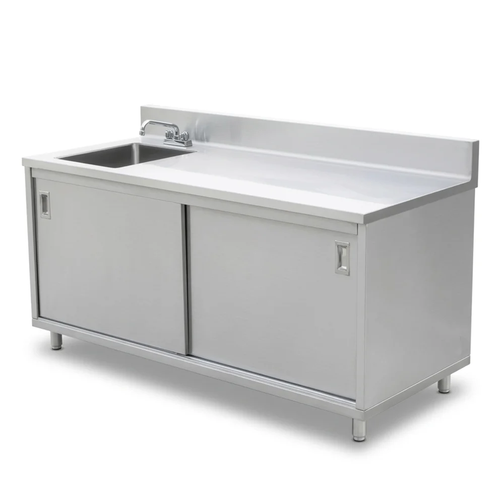 ProKitchen Series 30" x 72" Enclosed Base Work Table with Sink and Sliding Doors, 6" Backsplash, Stainless Steel
