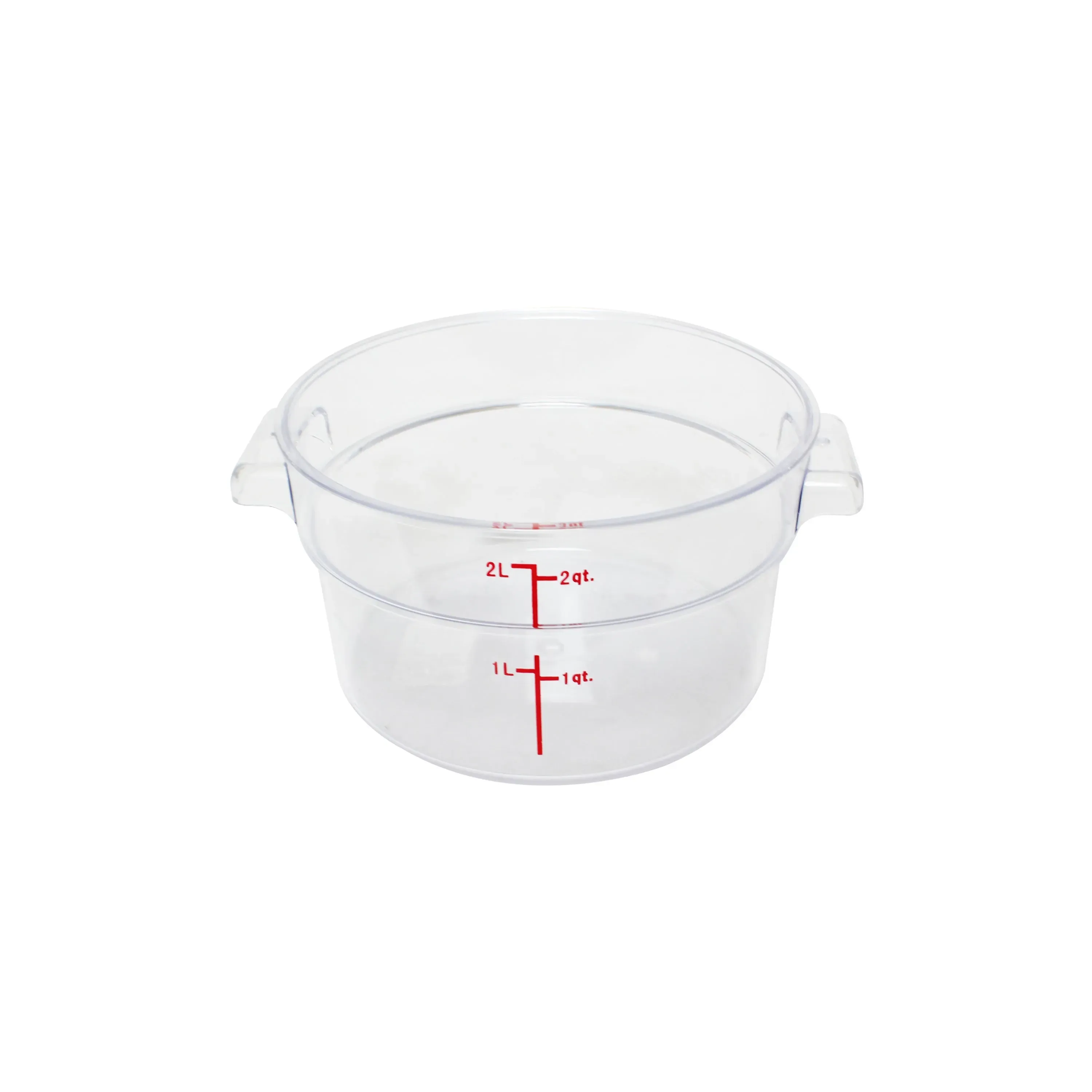 Two quart clear polycarbonate round food storage container by Thunder Group, a break resistant choice for professional kitchen use.