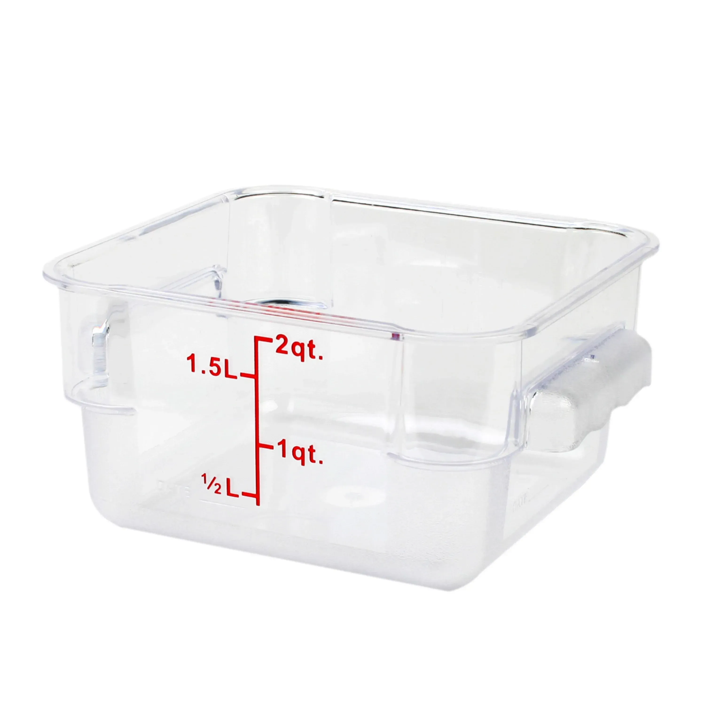 Clear polycarbonate square food storage container from Thunder Group, a virtually unbreakable choice for demanding commercial kitchens.