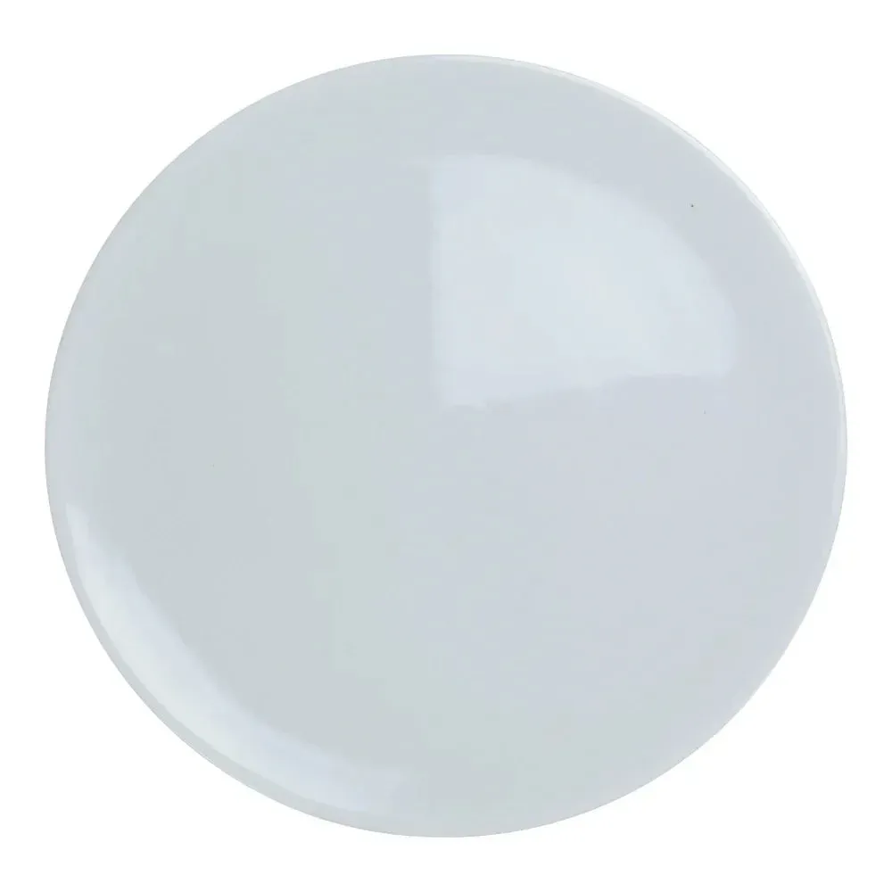 Oval white Yanco China pizza plate, wide rim keeps crust crisp while presenting pizzas or flatbreads professionally.