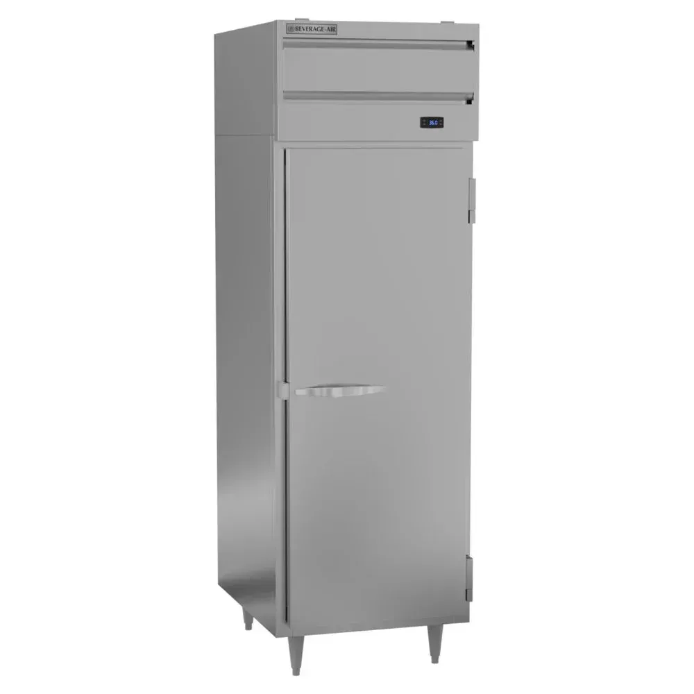 Beverage-Air stainless steel reach-in refrigerator with solid door, top-mounted cooling, and LED-lit interior for professional kitchens.