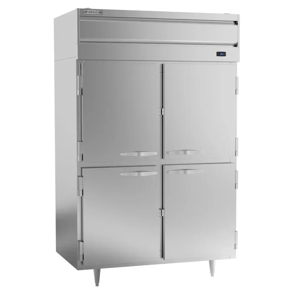Two-section Beverage-Air reach-in refrigerator with four solid half-doors, helping organize contents while maintaining consistent chilled temperature.