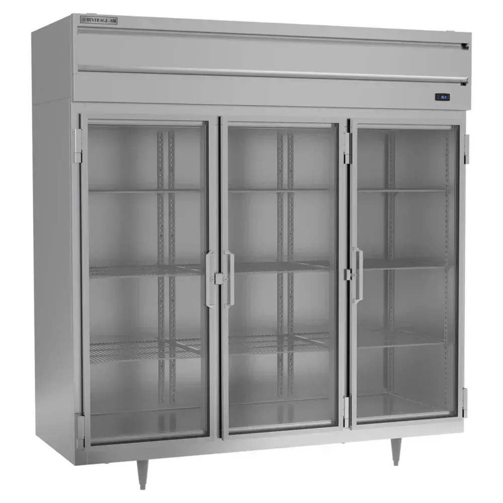 Three-section Beverage-Air reach-in refrigerator with three full-length glass doors, ideal for maximum visibility and efficient commercial storage.