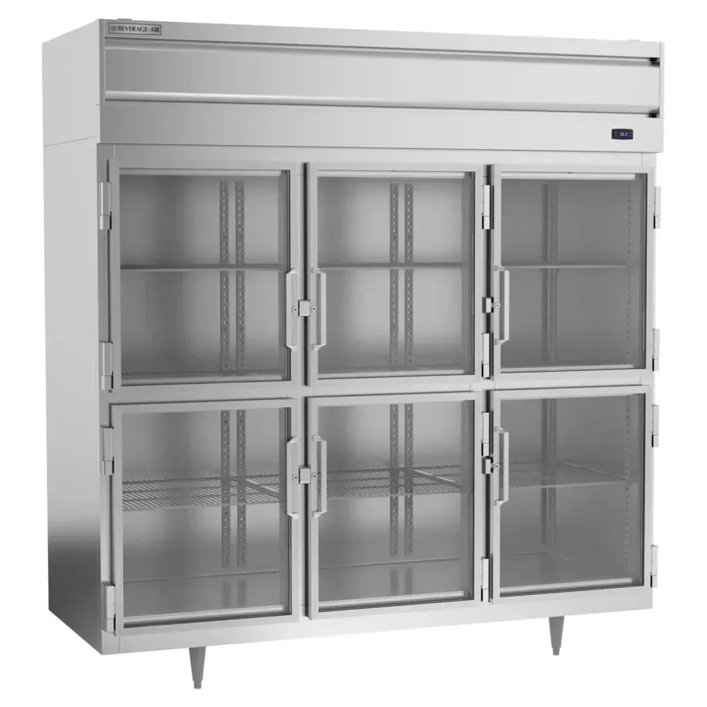 Beverage-Air three-section reach-in refrigerator with six glass half-doors, offering clear product visibility and organized access in busy kitchens.