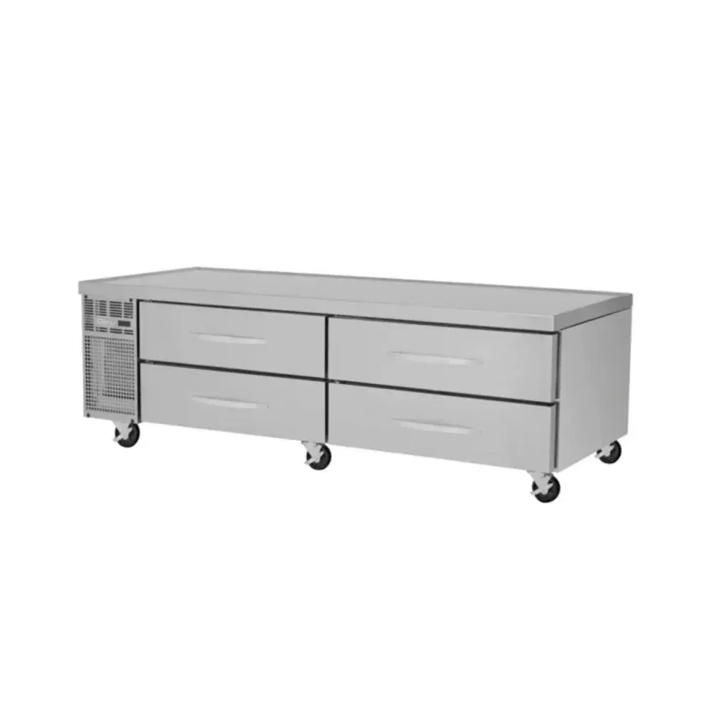 Two section pro series refrigerated chef base from Turbo Air, offering efficient chilling and a durable prep surface for commercial foodservice.