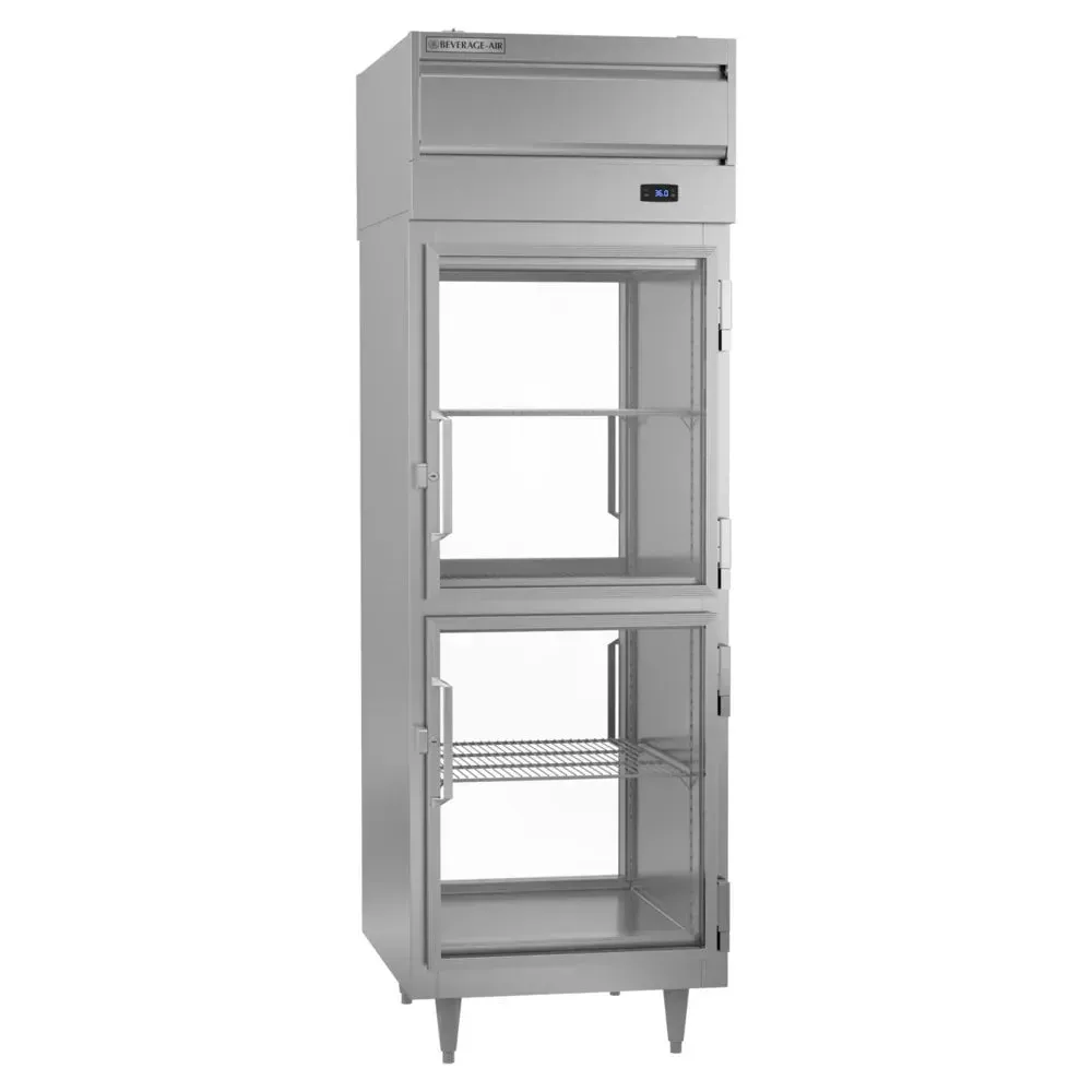 One-section Beverage-Air pass-thru refrigerator with glass doors, space-saving solution providing easy access from both sides of the kitchen.