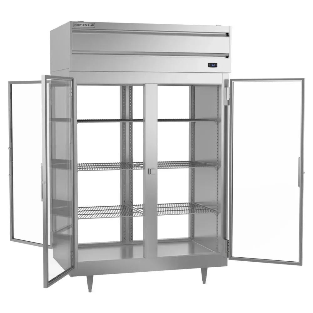 Two-section Beverage-Air pass-thru refrigerator with two full-length glass doors, ideal for displaying items while serving both sides of a line.