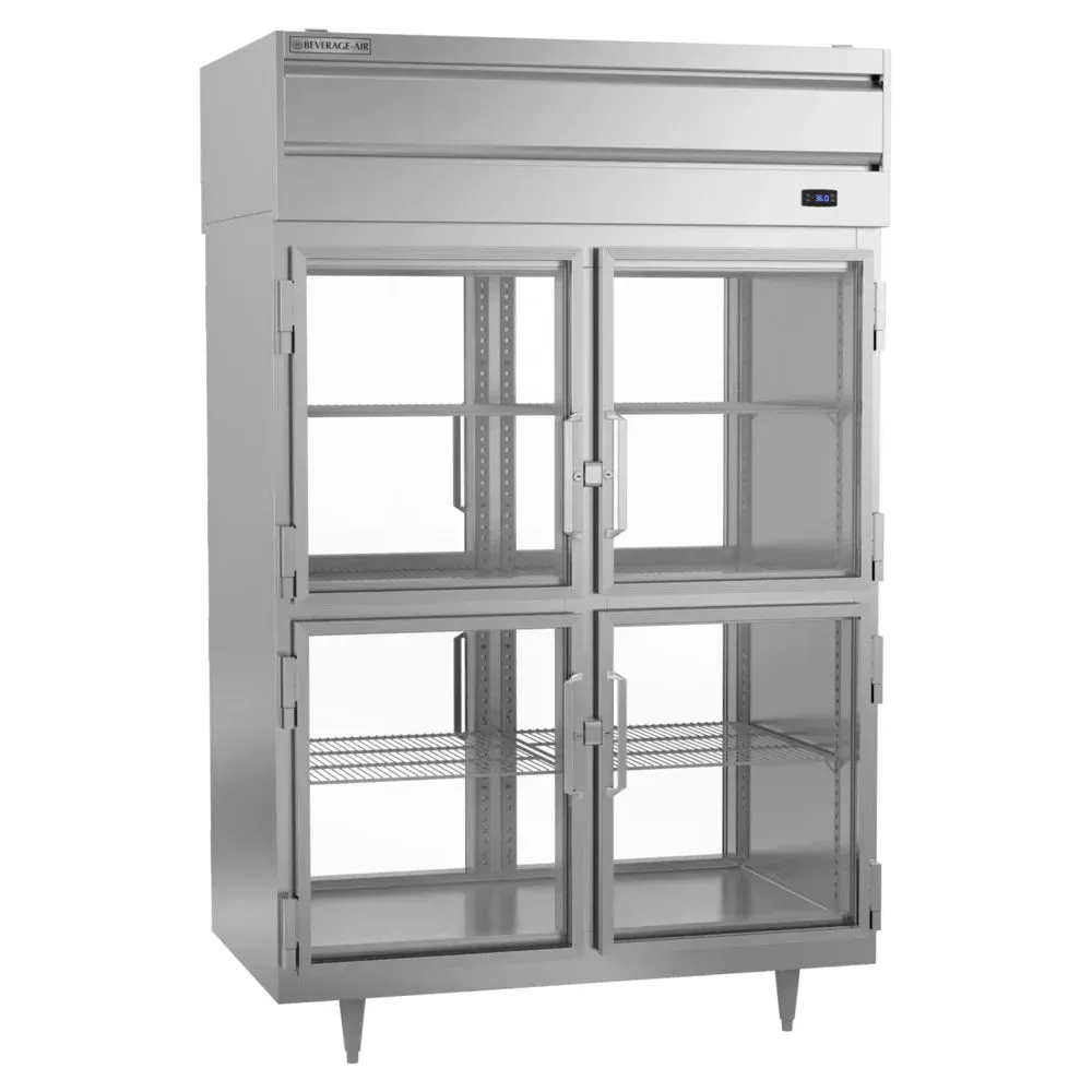 Beverage-Air two-section pass-thru refrigerator with four glass half-doors, providing clear product visibility and front-to-back access.