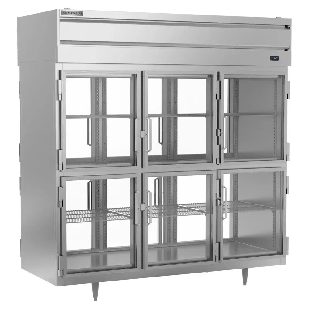 Three-section Beverage-Air pass-thru refrigerator with six glass half-doors, offering excellent product visibility and dual-sided access.